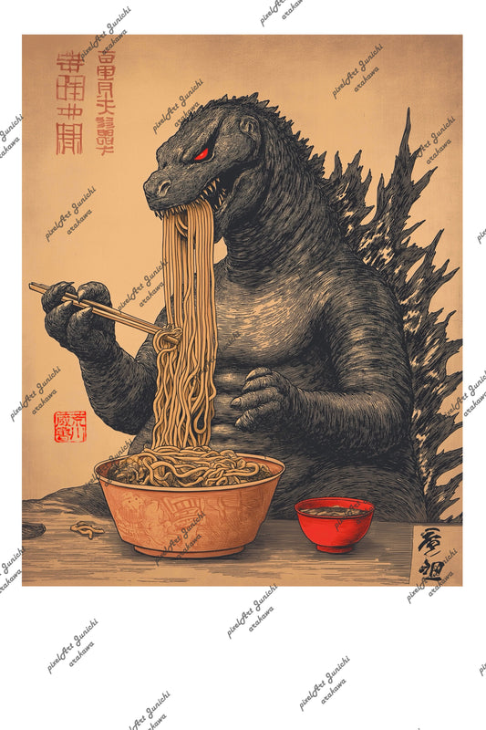 Godzilla Eating Ramen Red Bowl